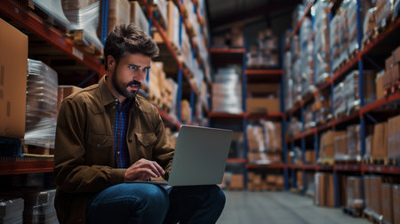 Small business. Owner working on laptop computers in warehouse, Filled with cardboard parcels ready for postage.の素材