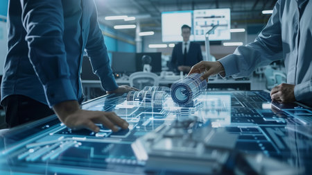 Engineer and Developers conference partner team discuss with augmented reality in meeting room. Business technology and Digital transformation concept. Generative AI.の素材