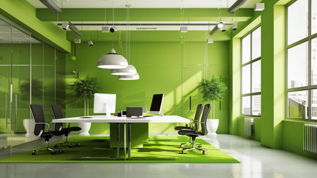 Lounge interior decoration with green environment concept in a modern office. Waiting room reception in eco office building. Generative AI.の素材