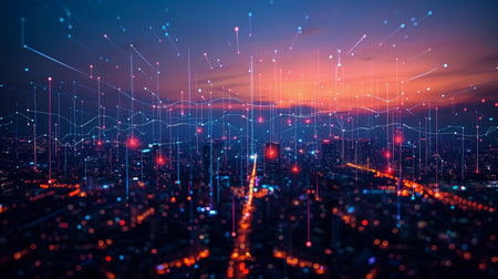 Global network and telecommunication on city. Virtual communication technology for internet business. Futuristic network technology concept. Generative AI.の素材