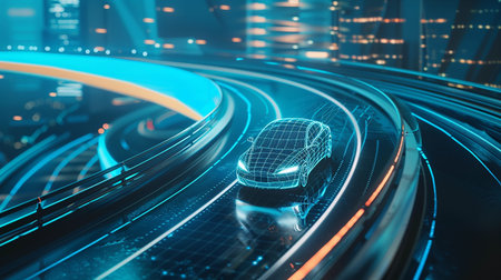 The electric car is equipped with sensors and an autonomous driving system for testing before production. Ecological Transportation concept. Generative AI.の素材