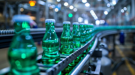 Soft drinks on the conveyor belt. Bottle moving on production line. Generative AI.の素材