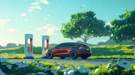 EV car charging station in parking. Power supply for electric car charging. Clean energy, Green eco concept. Generative AI.の素材