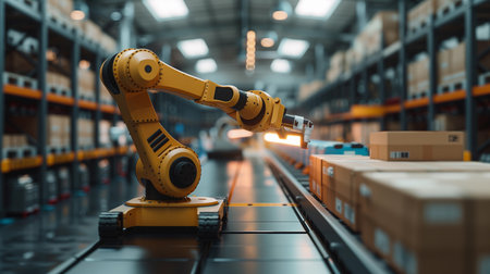 Innovative industry robot working in warehouse. Automated robot arm assembly line manufacturing on fully line Inside modern factory. Generative AI.の素材