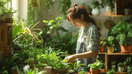 Young woman planting homemade green vegetables at home. Organic vegetables. Eat healthy vegetables. Generative AI.の素材