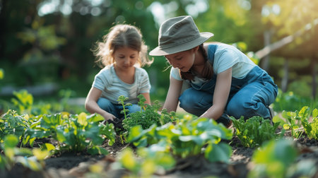 Happy gardening family grows organic plants in their backyard. Organic vegetables. Eat healthy vegetables. Generative AI.の素材