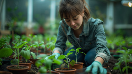 Female planting organic vegetables on the farm. Organic vegetables, Eat healthy vegetables. Generative AI.の素材