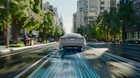 The electric car is equipped with sensors and an autonomous driving system for testing before production. Ecological Transportation concept. Generative AI.の素材