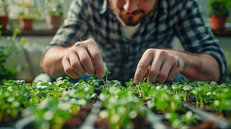 Close-up of female hands planting organic vegetables on the farm. Organic vegetables, Eat healthy vegetables. Generative AI.の素材