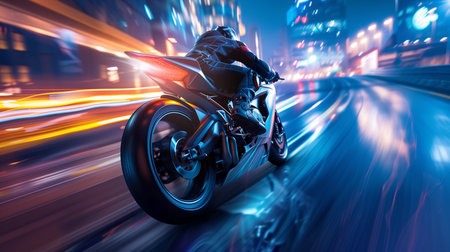 Racing motorcycle on speedway in a night city, with neon lights, high speed blur cityscape. Generative AI.の素材