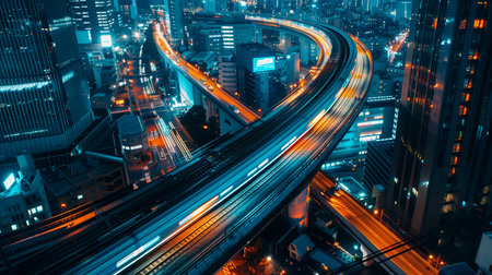 Top view of sky train track at night. Railway with city building, bright road lights at night. Generative AI.の素材