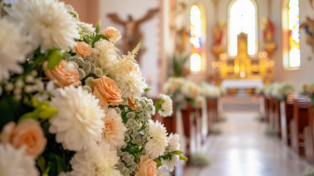Beautiful flower wedding decoration in the catholic church. Engagement ceremony. Generative AI.の素材