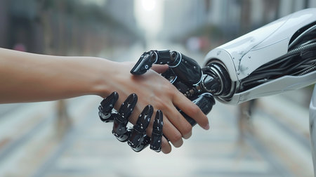 Businessman and robot handshake. Friendship between artificial and real man. Artificial intelligence technology concept. Generative AI.の素材