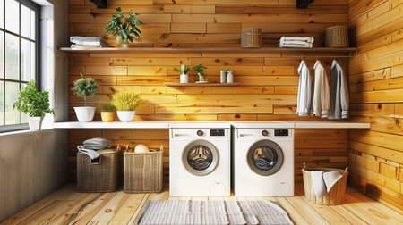 Interior of minimalist bathroom with modern washing machine. Generative AI.の素材