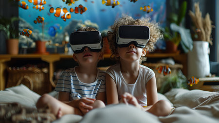 Children sit on the floor wearing VR headsets and look at Nemo fishes and the underwater world. Explore marine lifes with augmented reality glasses. Generative AI.の素材