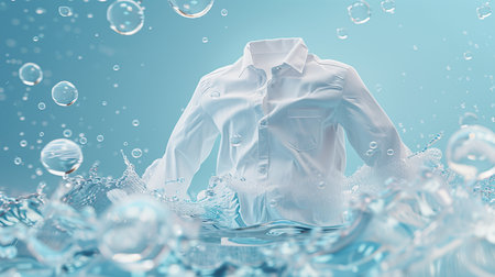 3d white shirt washed and spun in water, with soap bubble elements, isolated on blue background. Generative AI.の素材