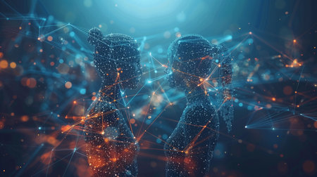 Virtual communication connecting on women face to face together. Futuristic network technology concept. Generative AI.の素材