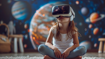 Little girl sitting on floor wears a VR headset and looking at digital space system with planets or universes. Space exploration with augmented reality glasses. Generative AI.の素材