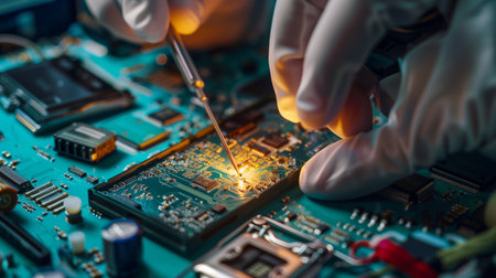 Technician plug in CPU microprocessor to motherboard socket. Computer technology and hardware maintenance. Generative AI.の素材