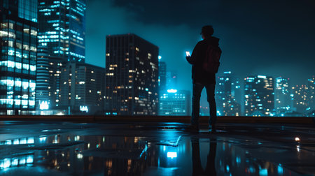 Young Asian man uses smartphone at night on the rooftop of a modern office building. Male using mobile phone for social media posting. Generative AI.の素材
