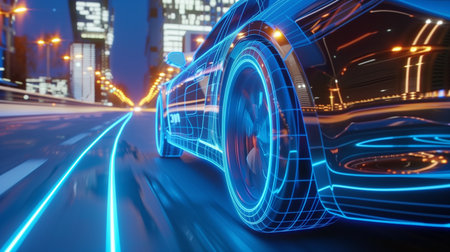 The electric car is equipped with sensors and an autonomous driving system for testing before production. Ecological Transportation concept. Generative AI.の素材