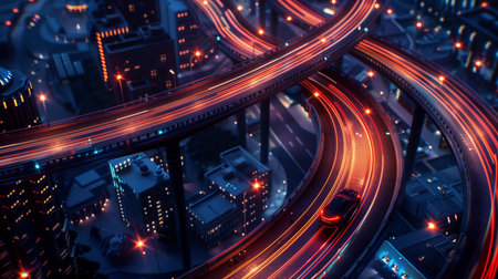 Top view of curve express way in a night city. Toll way, highway junction with lights at night. Generative AI.の素材