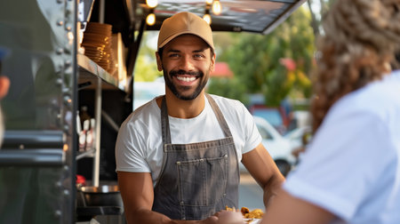 Portrait of Smiling male owner food truck employee taking orders from customers. Small business. Generative AI.の素材
