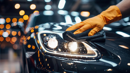 Gather car details, A man holds a microfiber cloth and meticulously polishes a car.の素材