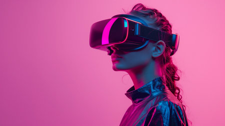 Portrait of woman wearing a VR headset playing a video game. Studio background with vibrant lights. Future technology concept. Generative AI.の素材