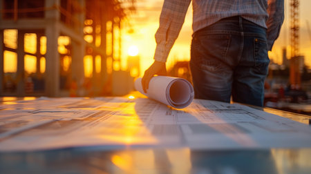 Professional technician foreman holding blueprints construction site plan. Engineer construction working at construction site. Construction and business workflow of new buildings. Generative AI.の素材