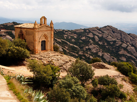 Spring day. March 28, 2013. The Hiking trail in the mountains of Montserrat, Sant Joan chapelの写真素材
