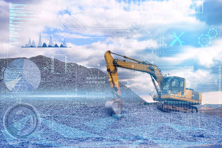 conceptual representation of the industry of the future, construction using technology without the use of man, an excavator based on artificial intelligenceの写真素材