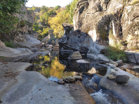 Mountain river, with amazing clean water, flows through rocky canyon in Mariovo, Macedoniaの写真素材