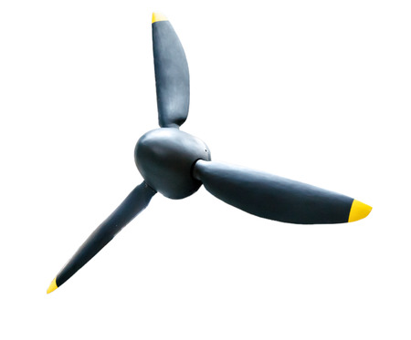 A propeller. The propeller blades are painted black. The blue plane is parked. Air car ready to take off. Clear blue sky waiting for an airplane. Isolated on a white background.の写真素材