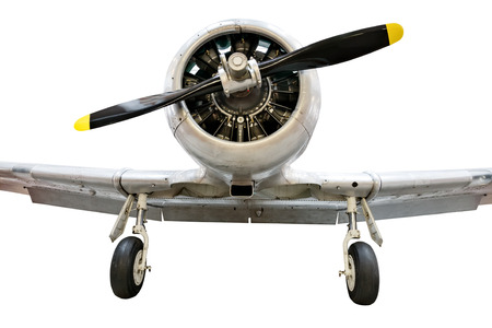 A propeller. The propeller blades are painted black. The blue plane is parked. Air car ready to take off. Clear blue sky waiting for an airplane. Isolated on a white background.の写真素材