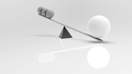 3D rendering. The scales swing. Stylized image of scales. Balls of matte materials. Black and white illustration of a Big ball outweighs a small three. The importance of the case on the scales. The weighing of ideas.の写真素材