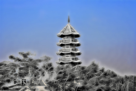 East pagoda. A stylized illustration. The exotic architecture of Asian countries. The hot climate and friendly people.の写真素材
