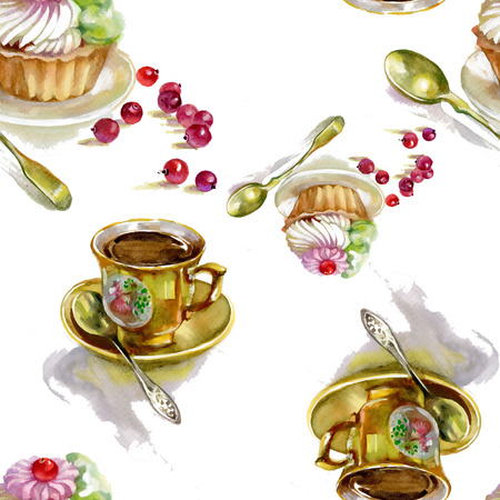 Seamless pattern with cupcakes and cups of teaのイラスト素材