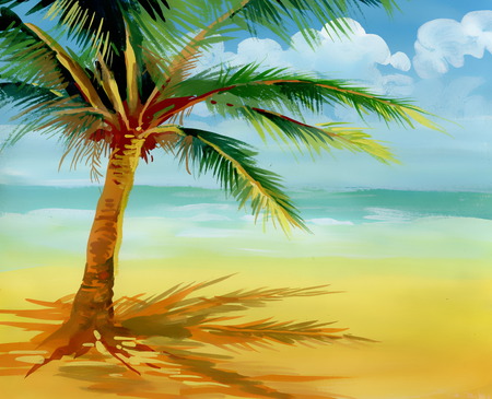 Summer beach with palm trees hand drawnのイラスト素材
