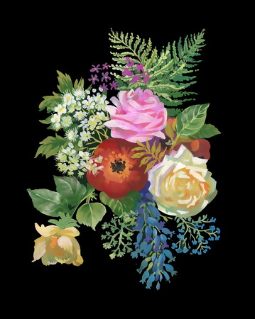 Watercolor flowers bouquet, on black backgroundのイラスト素材