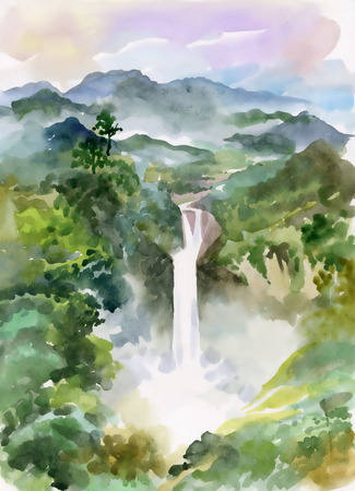 Watercolor illustration of beautiful waterfall and mountainsのイラスト素材