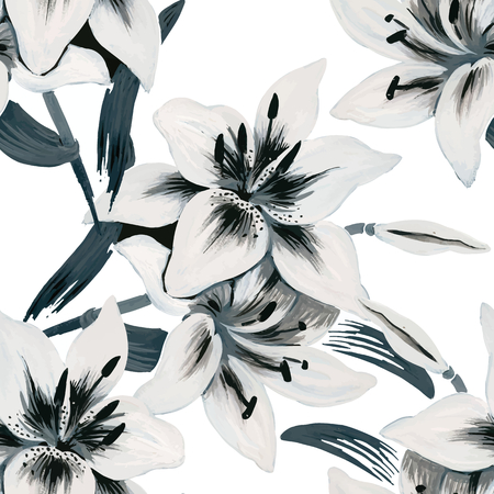 Seamless background of watercolor flowers. Lilies flowers on a white background.のイラスト素材