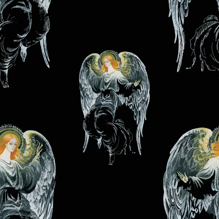 Beautiful watercolor angels with wings seamless patternのイラスト素材