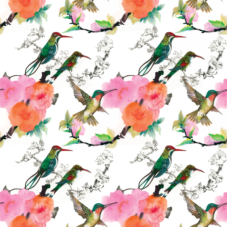 Watercolor birds seamless pattern.のイラスト素材