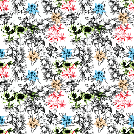 Seamless floral pattern with watercolor flowers and butterfliesのイラスト素材