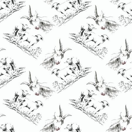 Goats and lambs on the field seamless pattern on white backgroundのイラスト素材