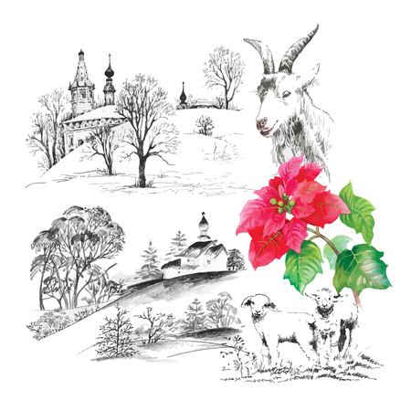 Goats and lambs on the field seamless pattern on white backgroundのイラスト素材