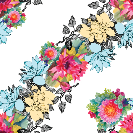 Seamless pattern watercolor flowers, paper, textile, fabric, wrapper, wallpaper,vectorのイラスト素材