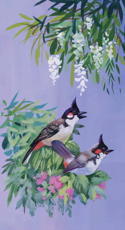 Watercolor wild exotic birds on flowers.のイラスト素材