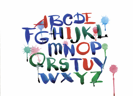 Watercolor hand drawn alphabet. Vector illustration. Brush painted lettersのイラスト素材